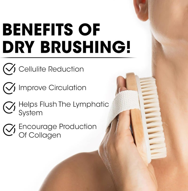 أوباز فرشاة الجسم الجافة من أوباز، عبوتين - شعيرات الخنزير الطبيعية، فرشاة تقشير للتصريف اللمفاوي، السيلوليت، حب الشباب، فرك خشبي مع حزام للاستحمام والعناية الذاتية - Image 3